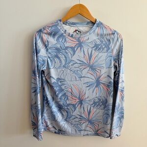 🌺 Women’s Blue and Pink Tropical Long Sleeve Swim Top – Size Small